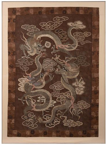 Japanese Needlework Panel of Three Dragons