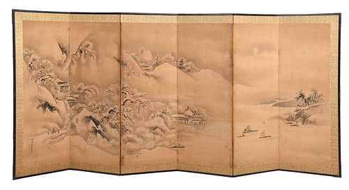 Japanese Six Panel Painted Folding Room Screen