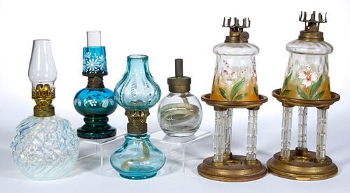 ASSORTED PATTERN GLASS MINIATURE LAMPS, LOT OF SIX