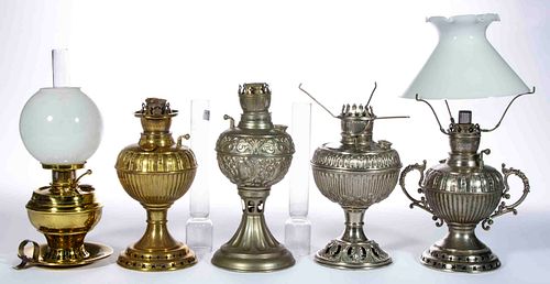 ASSORTED BRASS AND NICKEL-PLATE MINIATURE LAMPS, LOT OF FIVE