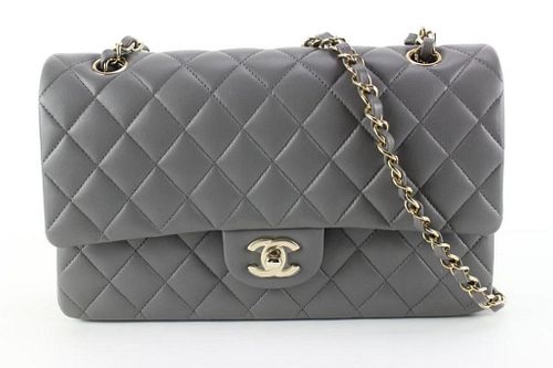 CHANEL 2022 DARK GREY QUILTED LAMBSKIN MEDIUM CLASSIC DOUBLE FLAP GOLD