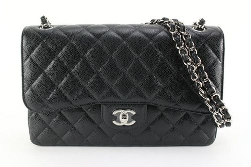 CHANEL 2022 BLACK QUILTED CAVIAR JUMBO DOUBLE CLASSIC FLAP SHW
