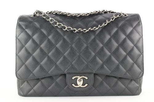 CHANEL BLACK QUILTED CAVIAR LEATHER MAXI DOUBLE FLAP SHW