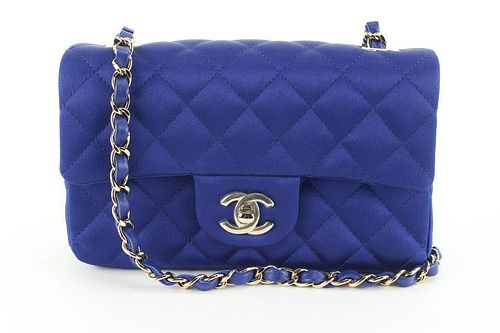 CHANEL 22A RARE BLUE QUILTED SATIN MINI CLASSIC FLAP GHW