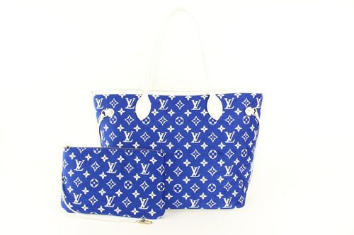 LOUIS VUITTON BLUE MONOGRAM VELVET NEVERFULL MM TOTE WITH POUCH