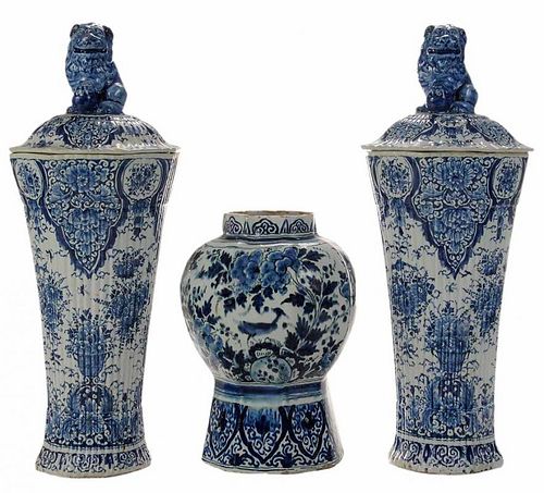 Pair Delft Blue and White Lidded Vases