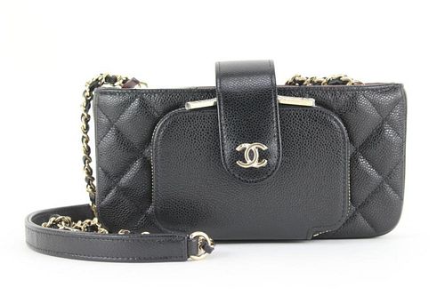 CHANEL BLACK QUILTED CAVIAR PHONE HOLDER WALLET ON CHAIN CASE