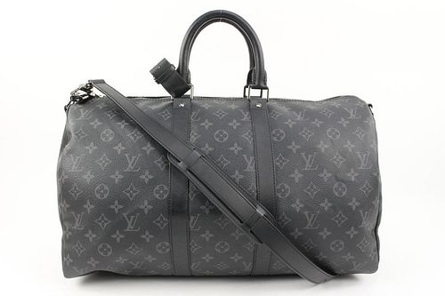 LOUIS VUITTON BLACK MONOGRAM ECLIPSE KEEPALL BANDOULIERE 45 DUFFLE WITH STRAP