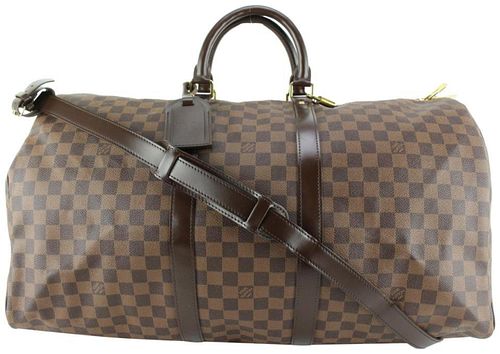 LOUIS VUITTON DAMIER EBENE KEEPALL BANDOULIERE 55 DUFFLE WITH STRAP