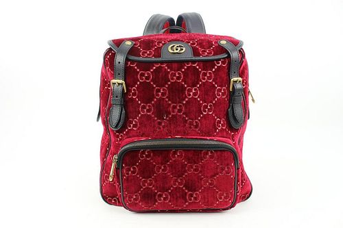GUCCI RED MONOGRAM GG VELVET MARMONT SMALL DOUBLE BUCKLE BACKPACK