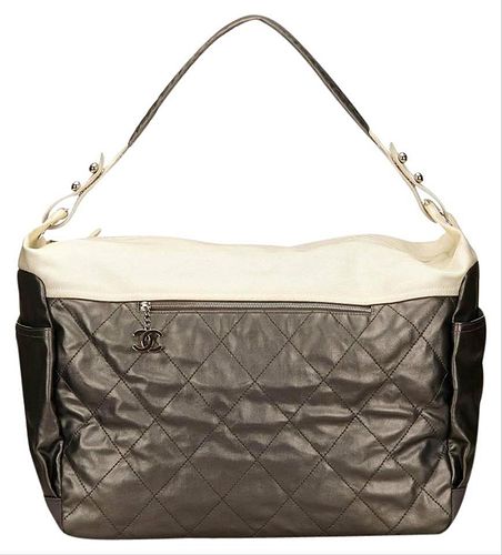 CHANEL LARGE SILVER AND CREAM QUILTED BIARRITZ PARIS WEEKENDER HOBO
