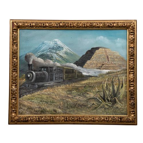 CARLOS PELESTOR (MÉXICO, SIGLO XX)  Paisaje con locomotora Óleo sobre tela Firmado Enmarcado Detalles de conservación 40...