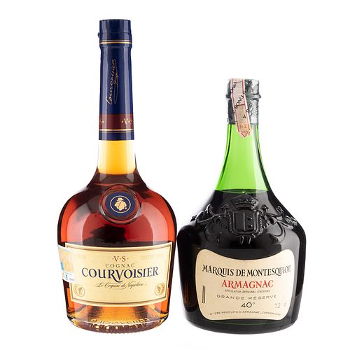 Lote de Cognac y Armagnac. Courvoisier. V.S. Marquis de Montesquiou. En presentaciones de 700 ml. y 720 ml. Total de piezas: 2.