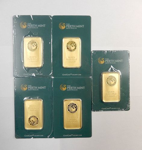 (5) Perth Mint Pure Gold 1 Troy Ounce Bars.