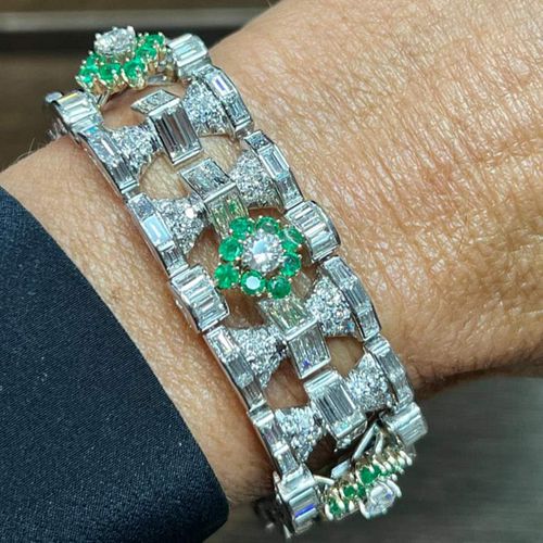 Platinum & 18K White Gold Diamond and Emerald Bracelet