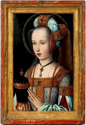 FLEMISH OLD MASTER OIL ON WOOD PANEL, C. 1550, H 10 1/4", W 6 1/2", "MARY OF BURGUNDY"