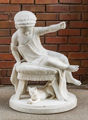 Carlo Uboldi (Italian, 1821-1884) Carved Marble Sculpture,  1878, Young Girl Playing With Kitten, H 32'' L 24'' Depth 20''