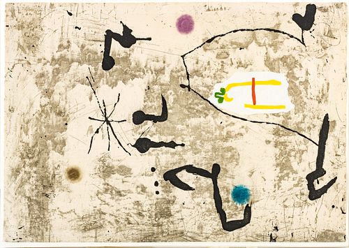 Joan Miro (SPANISH, 1893-1983) Etching And Aquatint On Arches Paper With Collage, C. 1979, Personatge I Estels V, H 35.8'' W 24.9''
