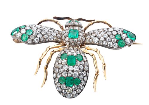 Emerald, Diamond, And Yellow Gold Bee Form Antique Pin,