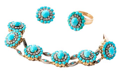 Persian Turquoise, Diamond, And Yellow Gold Bracelet, Ring Size 5, And Slide Pendant