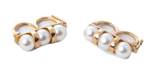 Pair of  Yellow Gold And Pearl Earrings