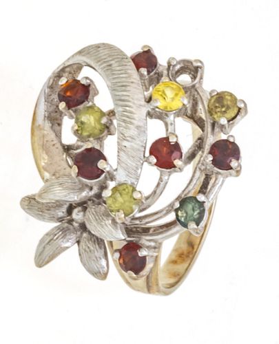 14K WHITE GOLD WITH RUBIES AND PERIDOT CLUSTER RING SIZE 4 1/2 