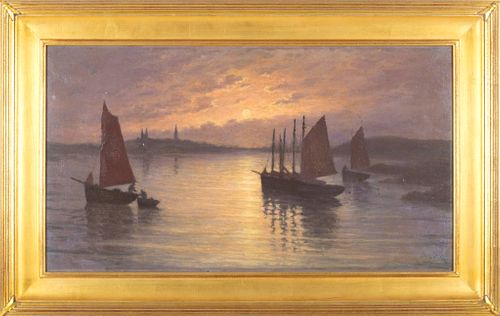 European Oil On Canvas,  Late 19th/early 20th C., Sailboats In The Sunset, H 19.5'' W 35''