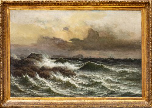 John Olson Hammerstad (Norwegian/American, 1842-1925) Oil On Canvas, Barque Off A Rocky Coast, H 35'' W 53''