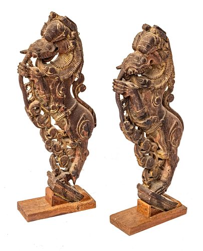 INDIA, PAIR OF CARVED WOOD HORSE FIGURES,  H 32", W 16", D 4"