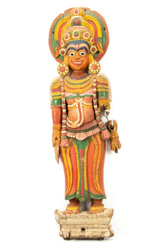 INDIA POLYCHROME CARVED WOOD STANDING FIGURE, 19TH.C. H 37.5", W 10", D 3" 