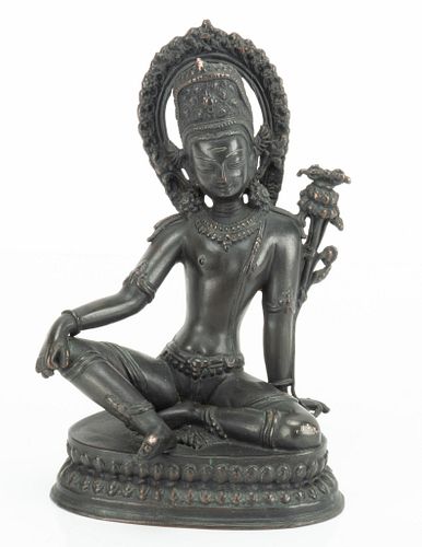 INDIAN BRONZE SCULPTURE, H 7", W 5.5", THE VEDIC GOD INDRA 
