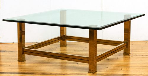 Brass And Glass Coffee Table, H 16'' W 40'' L 40''