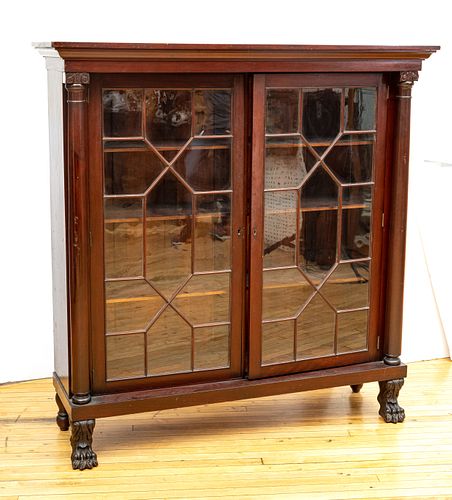 American Empire Carved Mahogany Barrister Bookcase, H 60'' W 58.25'' Depth 17.5''