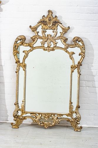 CHIPPENDALE STYLE SILVERED WOOD MIRROR, H 59", W 36" 