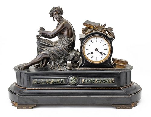 French Bronze & Marble Allegorical Mantel Clock,  Mid 19th C., H 15.5'' W 21''