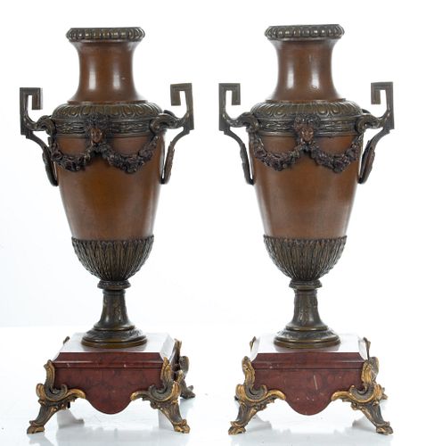 Neoclassical Style Bronze Patinated Metal, Rouge Marble Urns, C. 1900, H 17'' W 7'' 1 Pair