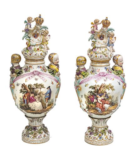 CARL THIEME (GERMAN, 1816-1884) FOR DRESDEN, PAINTED PORCELAIN COVERED URNS, PAIR, H 30", W 12" 