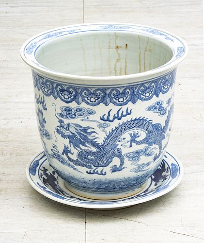 Chinese Porcelain Planter With Underplate, H 13.5'' Dia. 14'' 2 pcs