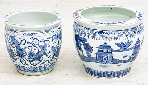 Chinese Blue & White Porcelain Planters,  20th C., H 12'' Dia. 14'' 2 pcs