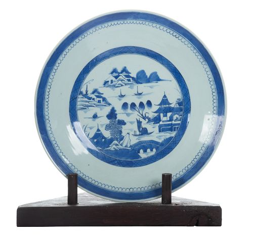 Chinese Canton Ware Blue And White Porcelain Plate, Dia. 14.5''