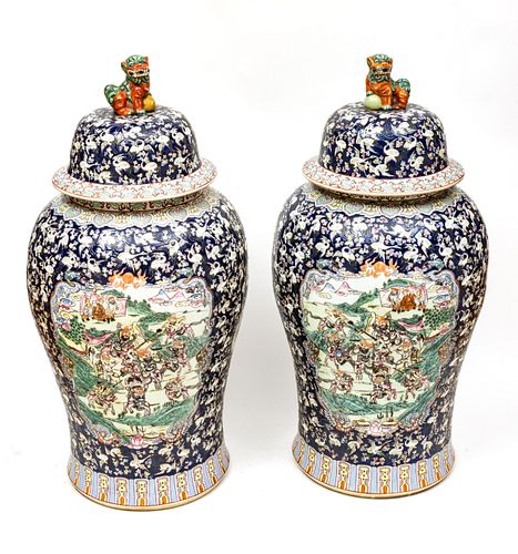 CHINESE PAINTED PORCELAIN MAGNUM COVERED URNS, WOOD STANDS PAIR, H 33" DIA 17" 