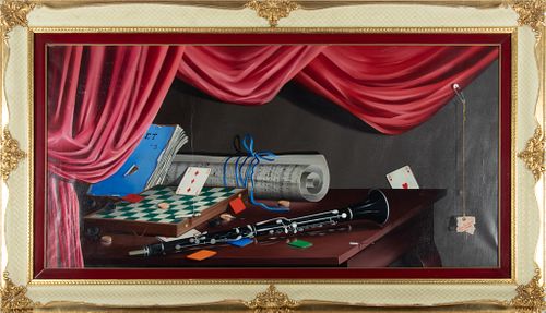 Alfano Dardari,  Oil On Canvas Trompe L'oeil, Saxaphone, Playing Cards, H 22'' W 47''