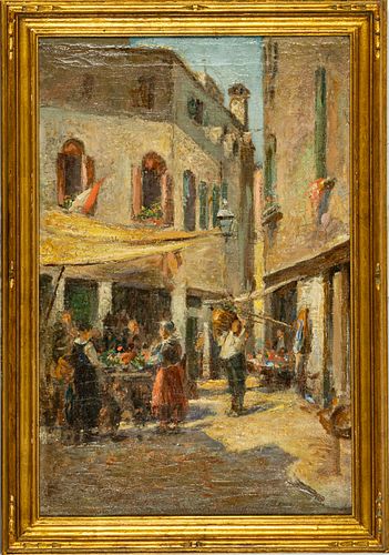 Joseph W. Gies (American, 1860-1935) Oil On Canvas, "Venetian Market", H 26'' W 17''