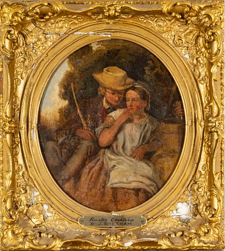 James Smetham (British, 1821-1889) Oil On Panel, Rustic Courtship, H 11'' W 9.5''