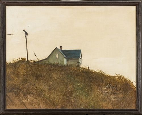 Oil On Masonite, Rural House On A Hill, H 17.5'' W 22''