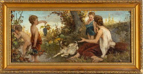Signed  Oil On Artist Board, Bacchantes With Woman And Goat, H 7.25'' W 16.5''