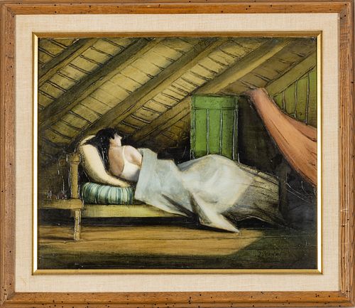 Jacques Voyet (French, 1927) Oil On Canvas, Lady In Bed, H 19.5'' W 23.5''