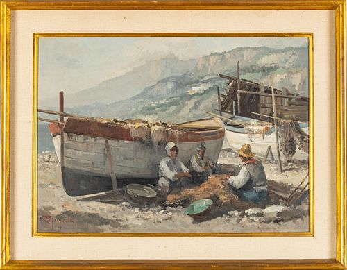 Ercole Magrotti (Italian, 1890-1967) Oil On Canvas, Figures Mending Nets Next To A Vessel, H 19'' W 27''