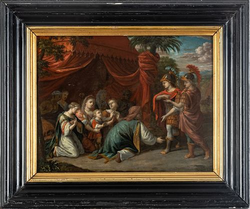OIL ON BEVELED PANEL, 17TH/18TH CENTURY, H 15", W 20", THE FAMILY OF DARIUS BEFORE ALEXANDER 