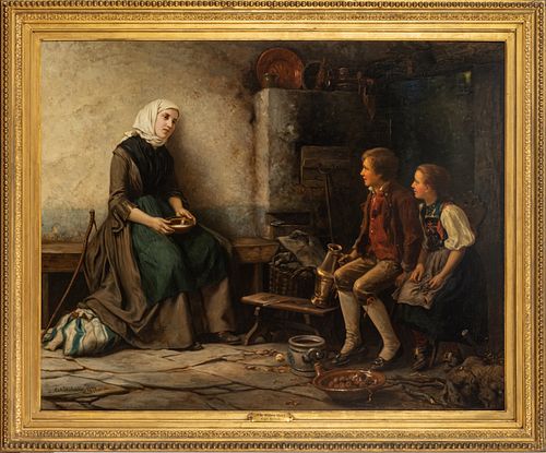 CARL WILHELM HUBNER (GERMAN 1814-1879), OIL ON CANVAS, 1870, H 40.25", W 52", THE WIDOW'S STORY 